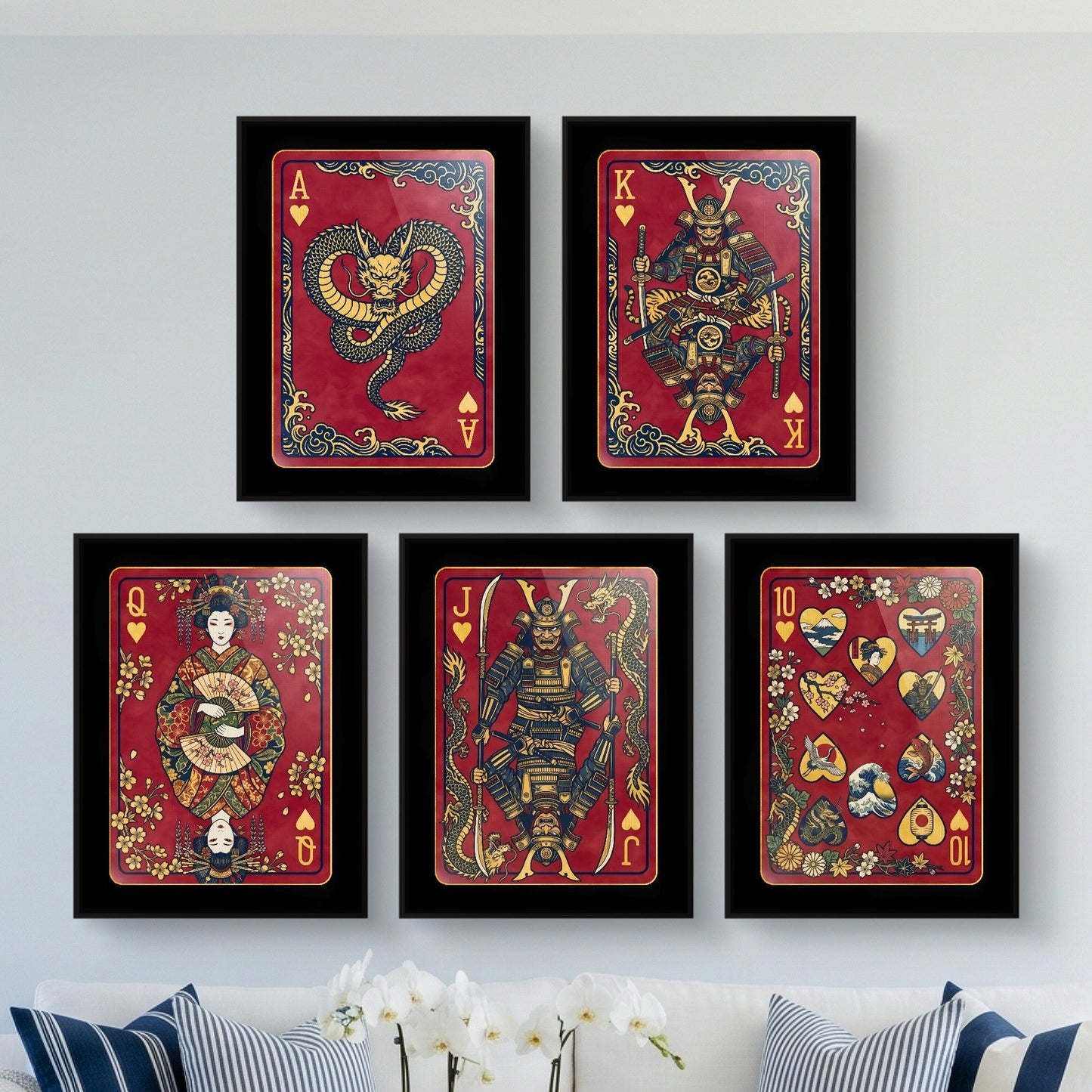 Samurai Poker Canvas Set - Hearts Royal Flush framed set in a bright living room