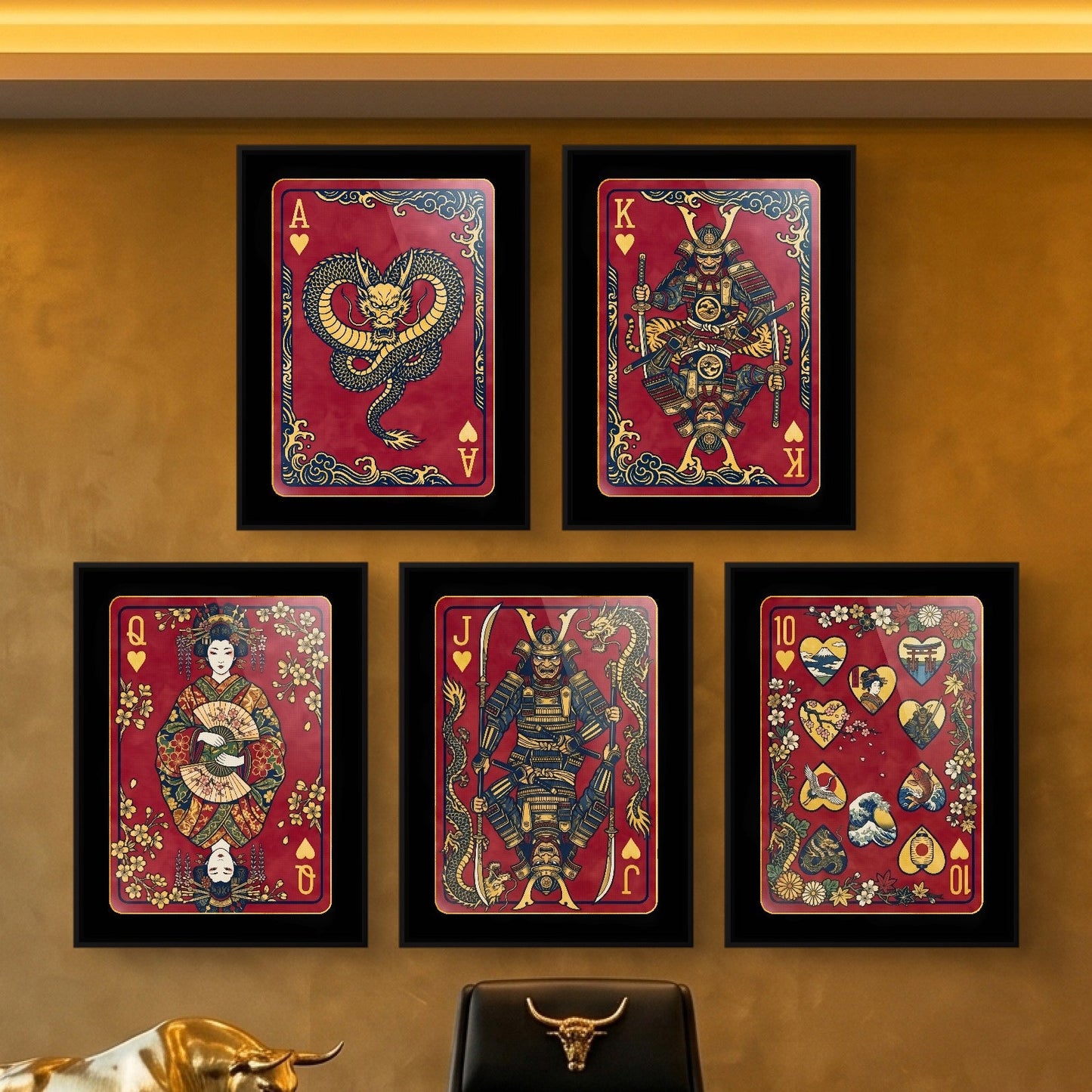 Samurai Poker Canvas Set - Hearts Royal Flush framed set in a gold office