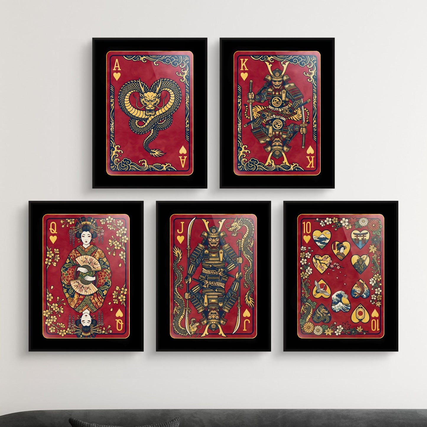 Samurai Poker Canvas Set - Hearts Royal Flush framed set in a modern lounge