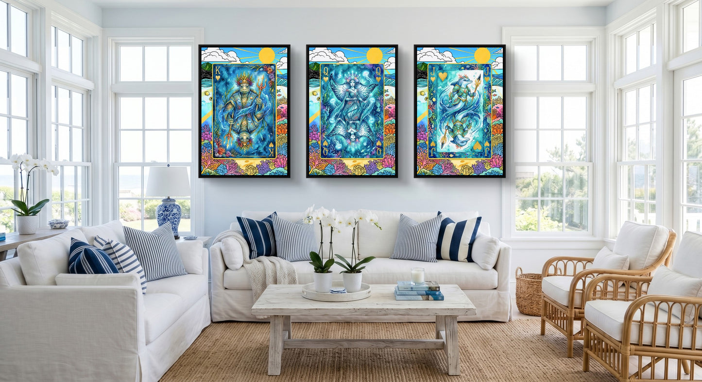 Sea Creature King Queen Jack - 3 Piece Canvas Set black-framed canvas in a room