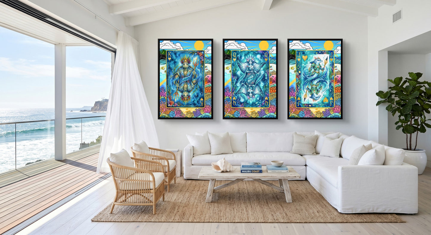 Sea Creature King Queen Jack - 3 Piece Canvas Set black-framed canvas in a room