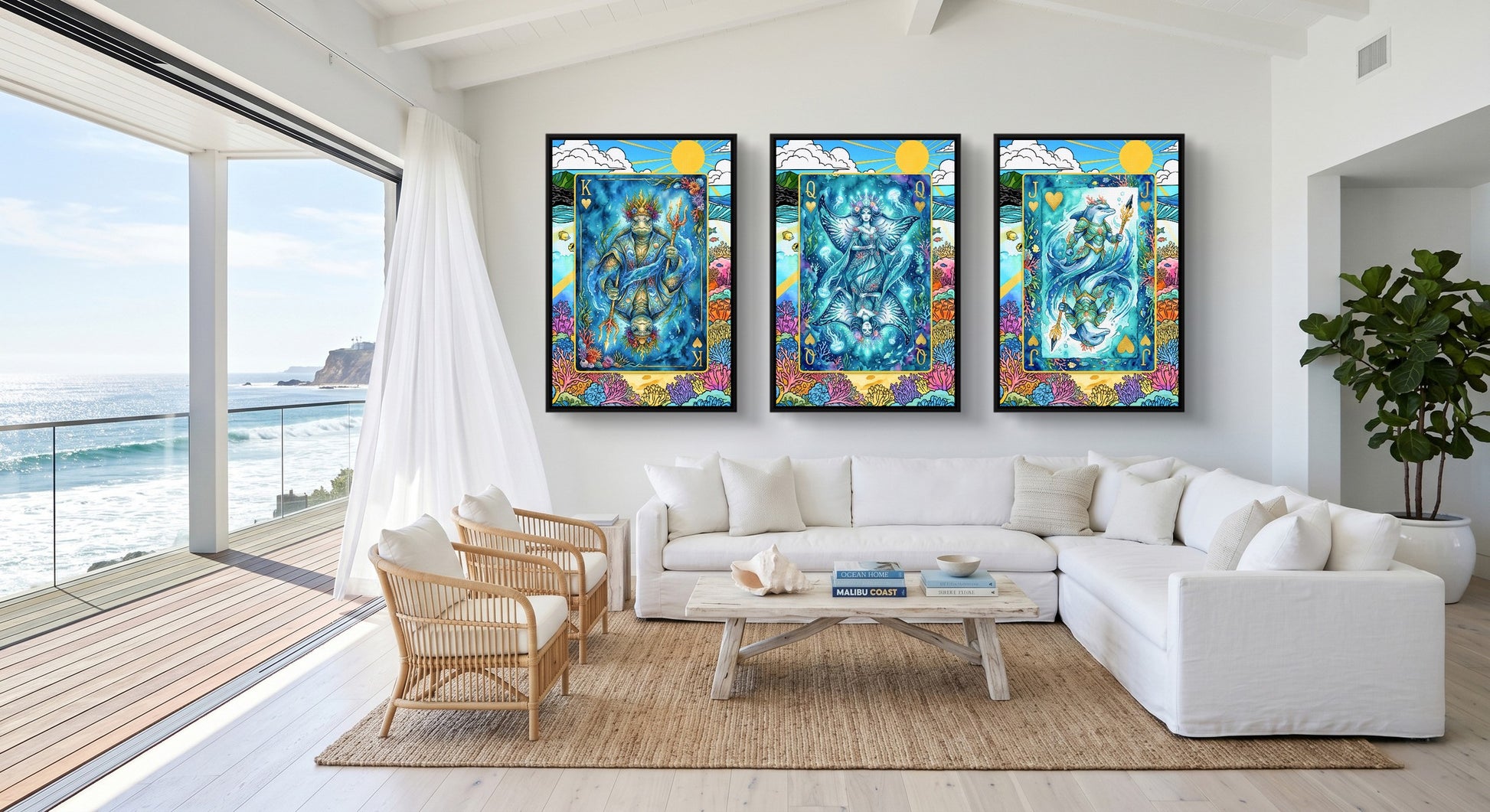 Sea Creature King Queen Jack - 3 Piece Canvas Set black-framed canvas in a room