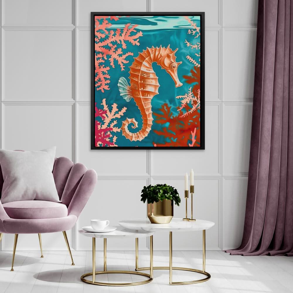 Seahorse Swimming - Blue Coastal Canvas Print