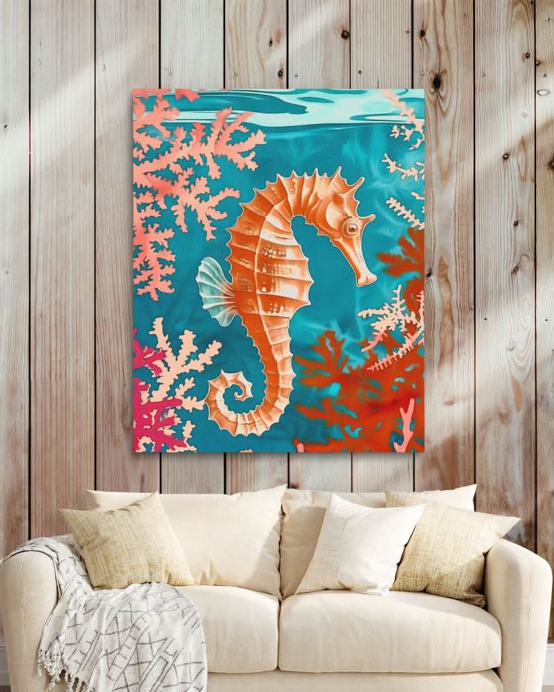 Seahorse Swimming - Coastal Wall Art in Black Frame