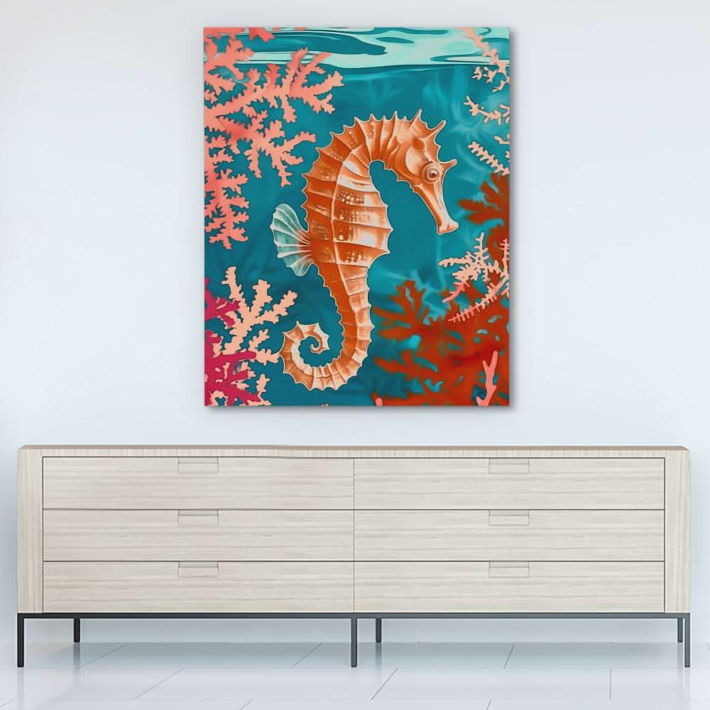 Seahorse Swimming - Blue Canvas Wall Art