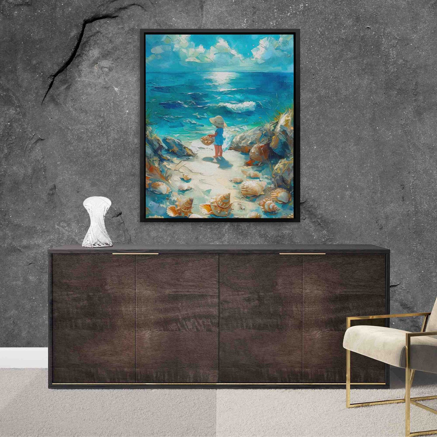 Seashell Hunting - Beach House Wall Art in Black Frame