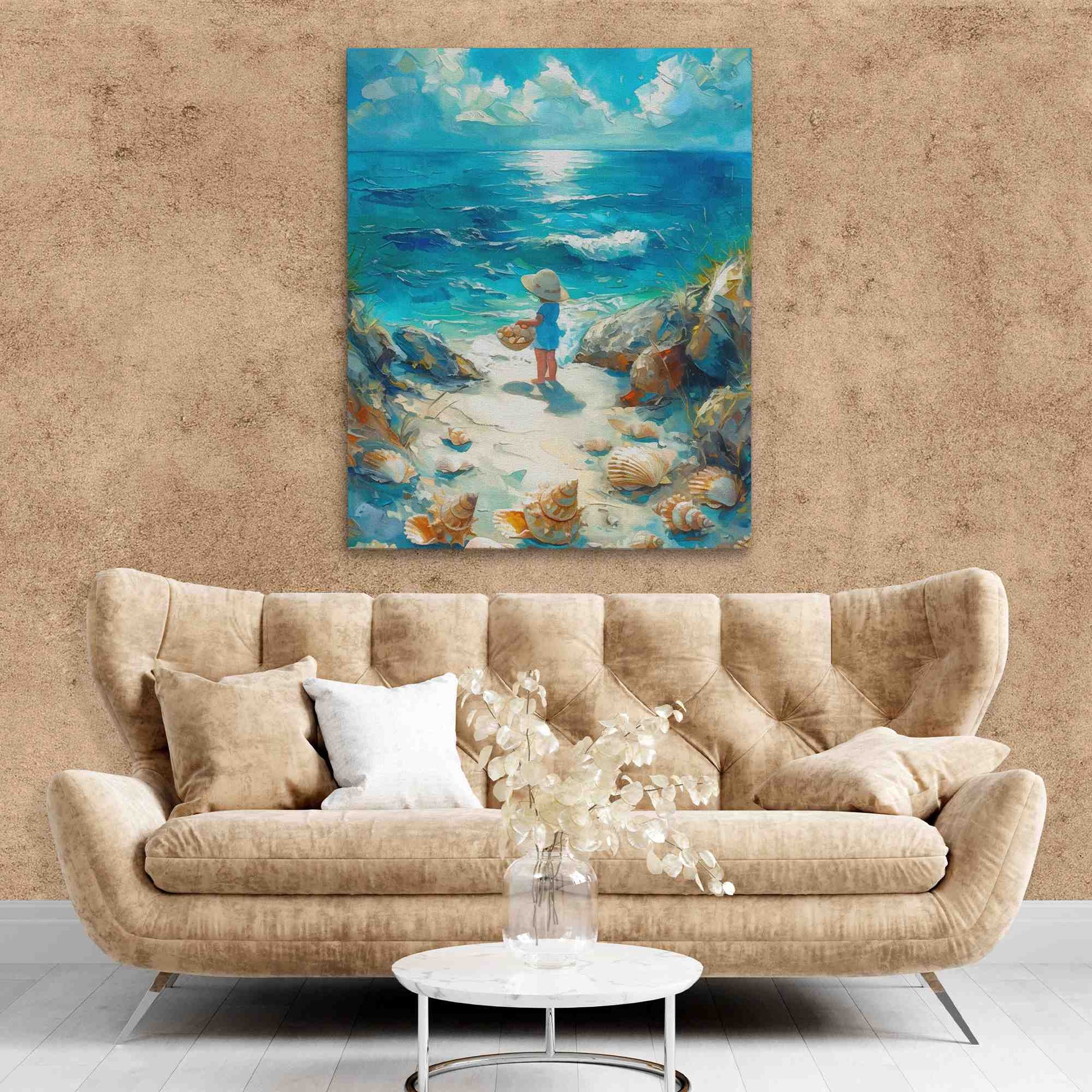 Seashell Hunting - Blue Beach House Canvas Print