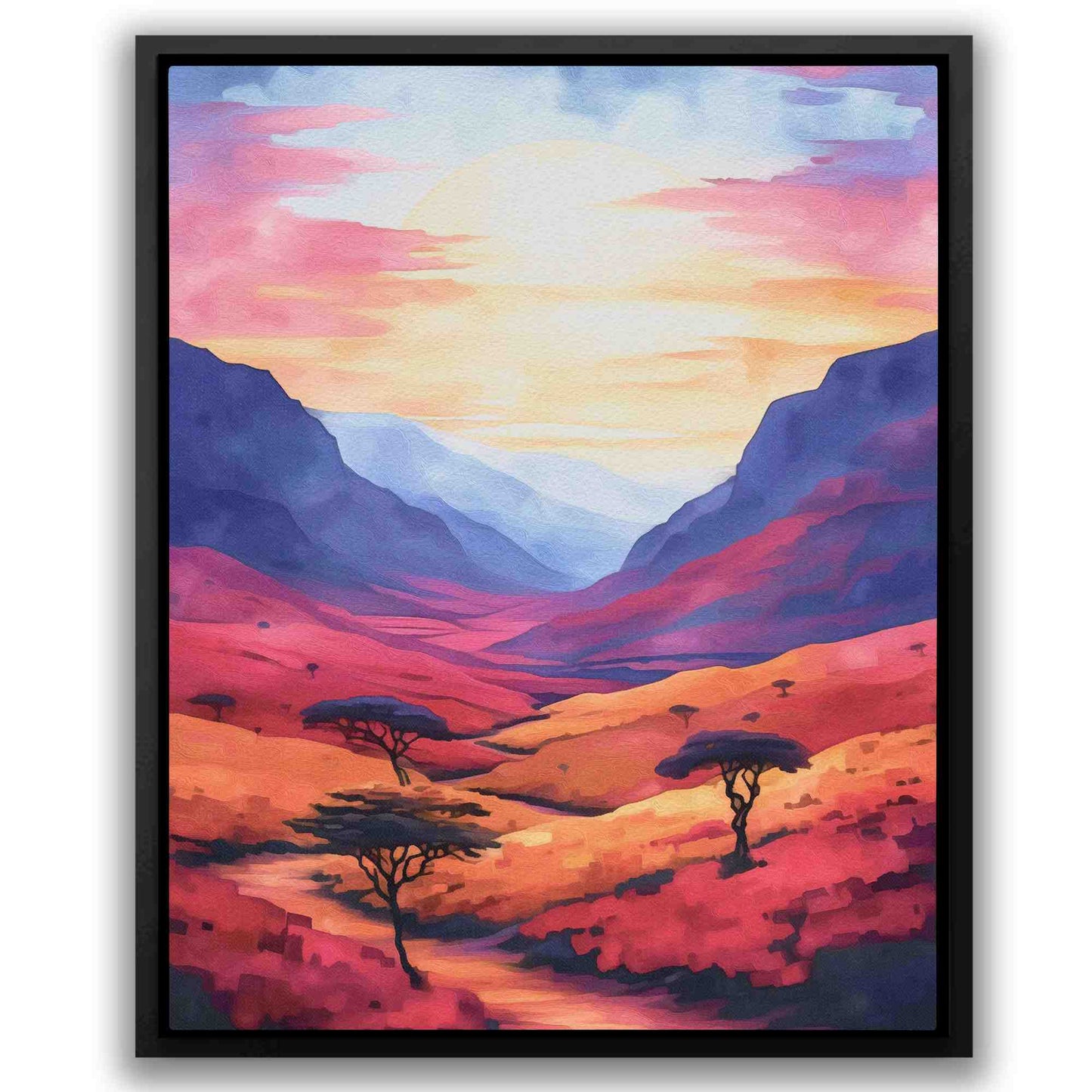 Serene Valley - Watercolor Wall Art in Black Frame