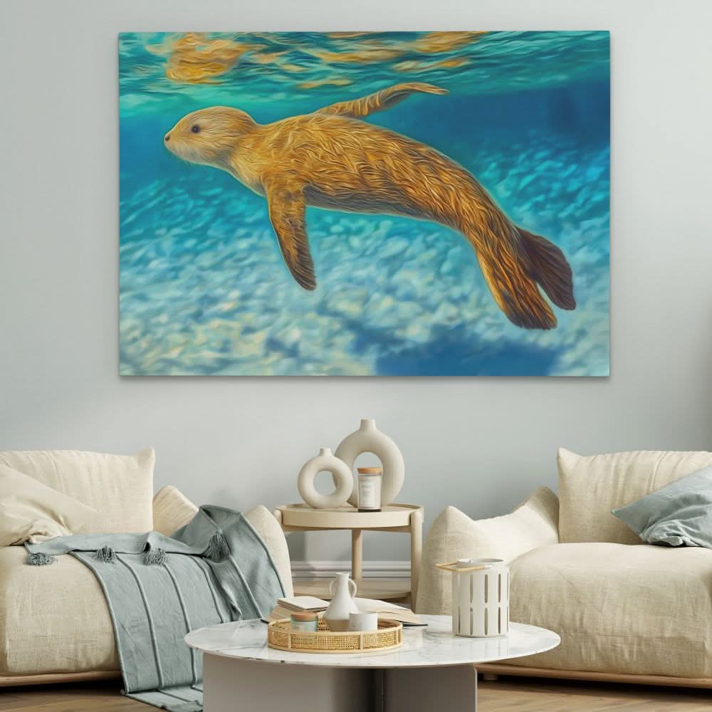 Shallow Seal Swimming - Blue Wall Art for Bathroom