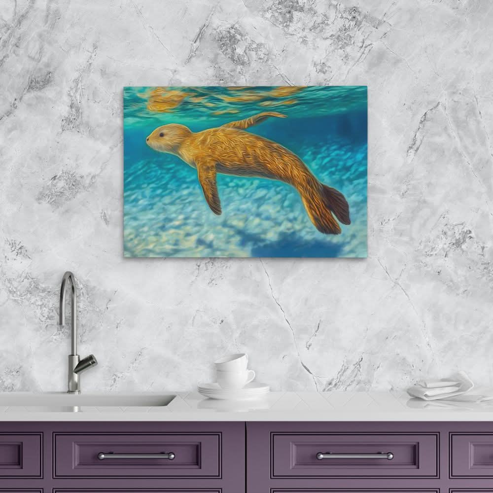Shallow Seal Swimming - Blue Canvas Wall Art