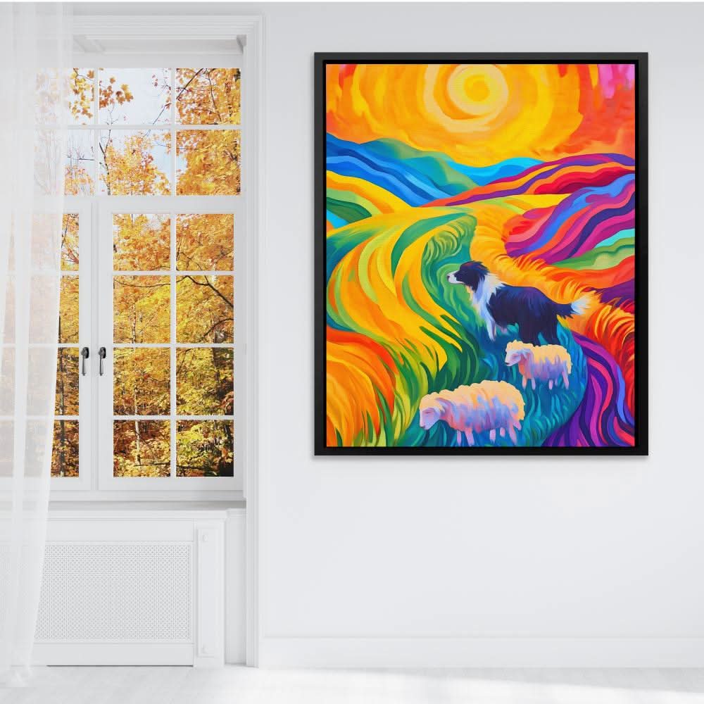Sheepdog in Rainbow Fields - Colorful Dog Canvas Print