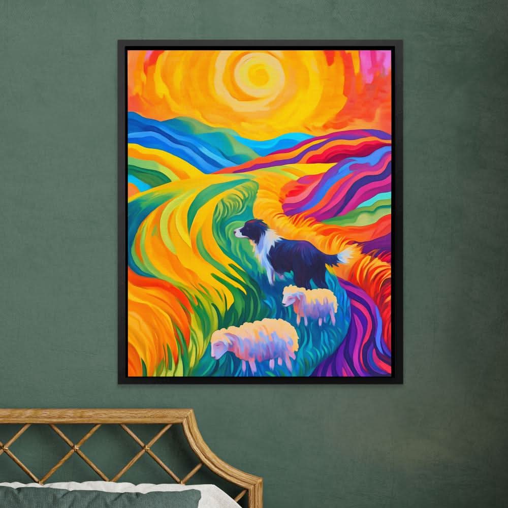 Sheepdog in Rainbow Fields - Oversized Country and Farm Canvas Wall Art