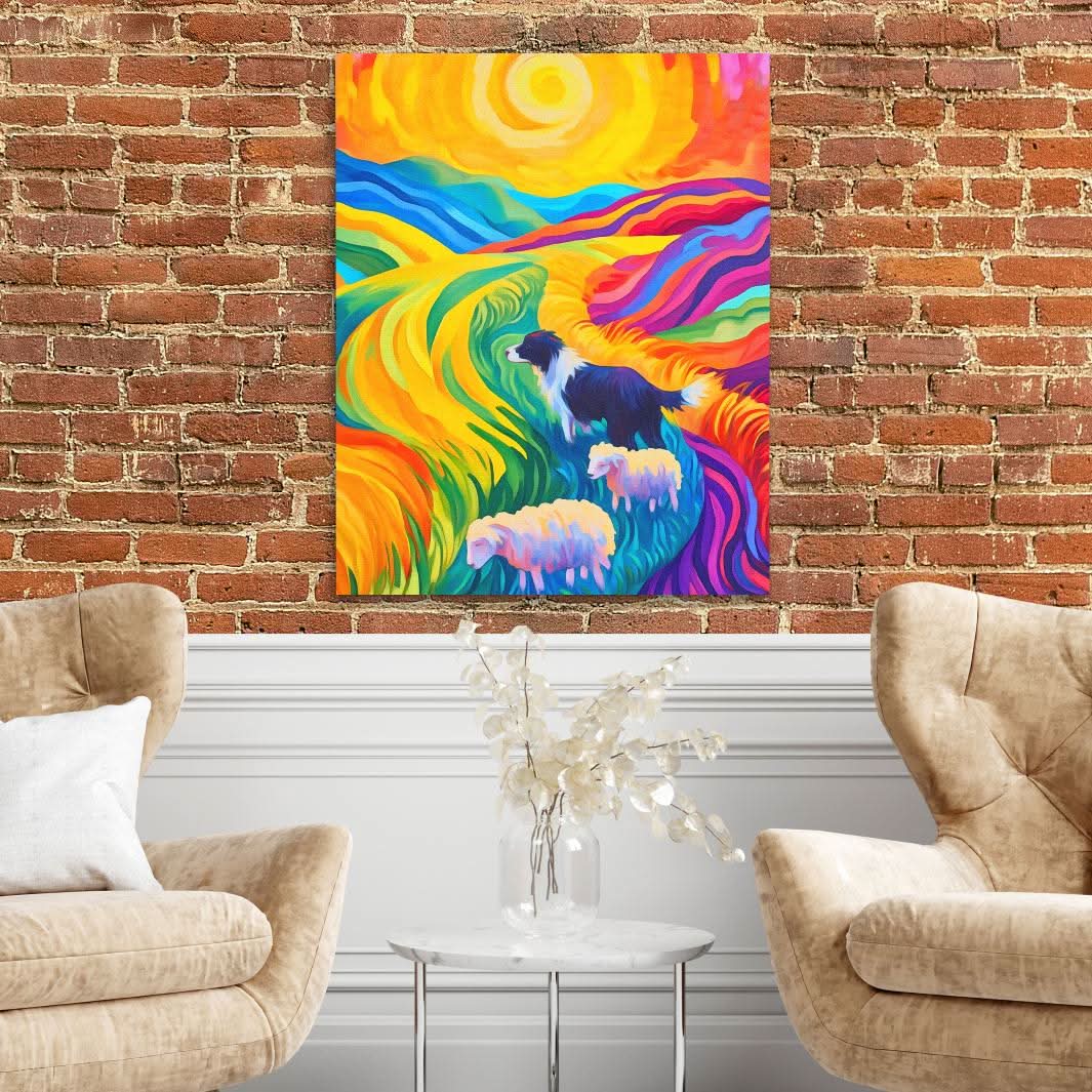 Sheepdog in Rainbow Fields - Large Canvas Print