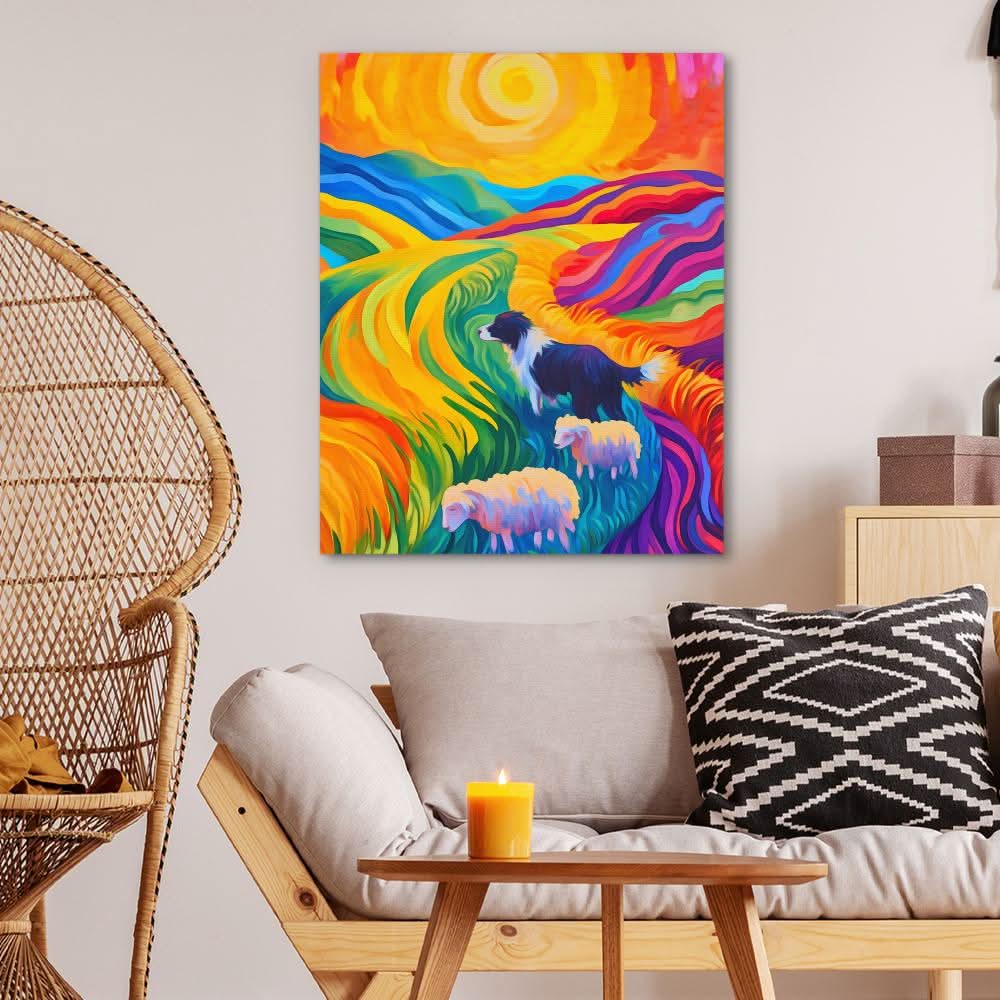 Sheepdog in Rainbow Fields - Wall Art in Black Frame