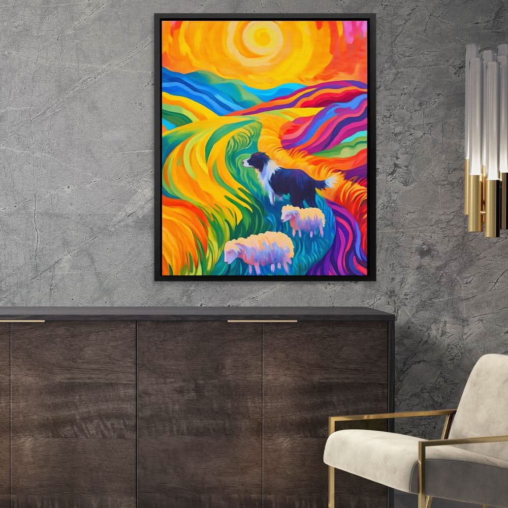 Sheepdog in Rainbow Fields - Colorful Canvas Wall Art