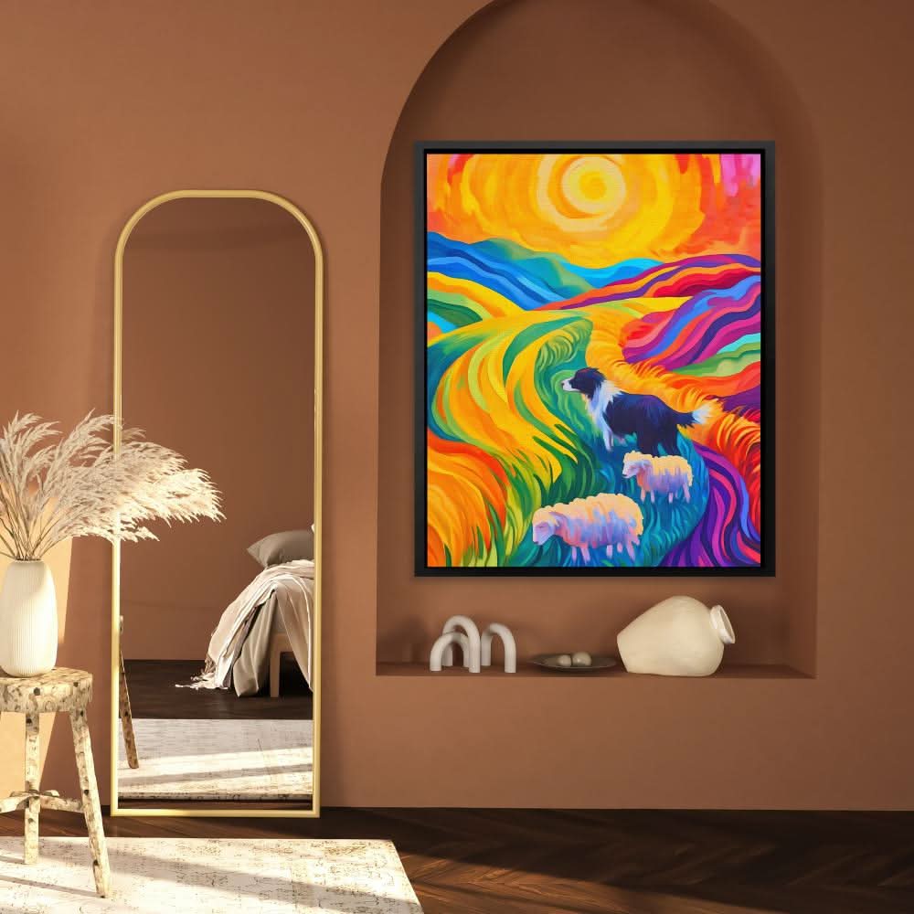 Sheepdog in Rainbow Fields - Dog Wall Art in Black Frame