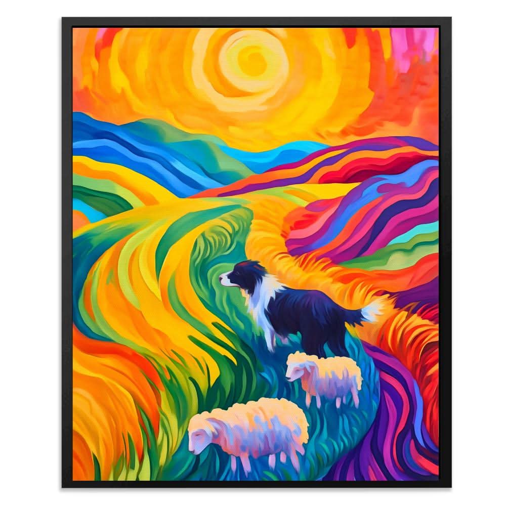 Sheepdog in Rainbow Fields - Country and Farm Art for Hallway