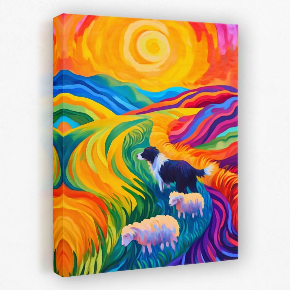 Sheepdog in Rainbow Fields - Country and Farm Canvas Wall Art