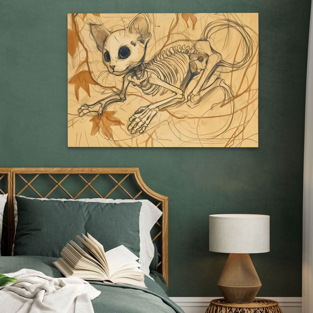 Skeleton Cat - Surrealism Wall Art in Black Frame