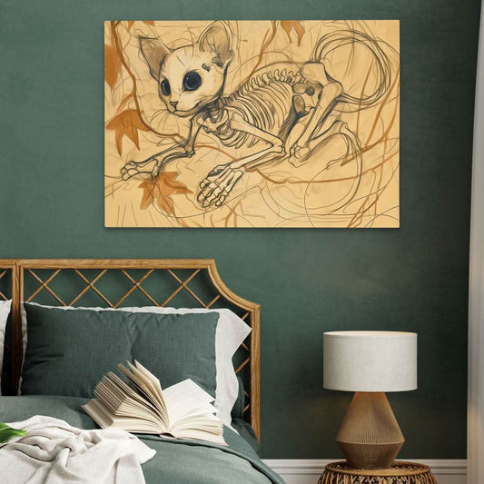 Skeleton Cat - Surrealism Wall Art in Black Frame