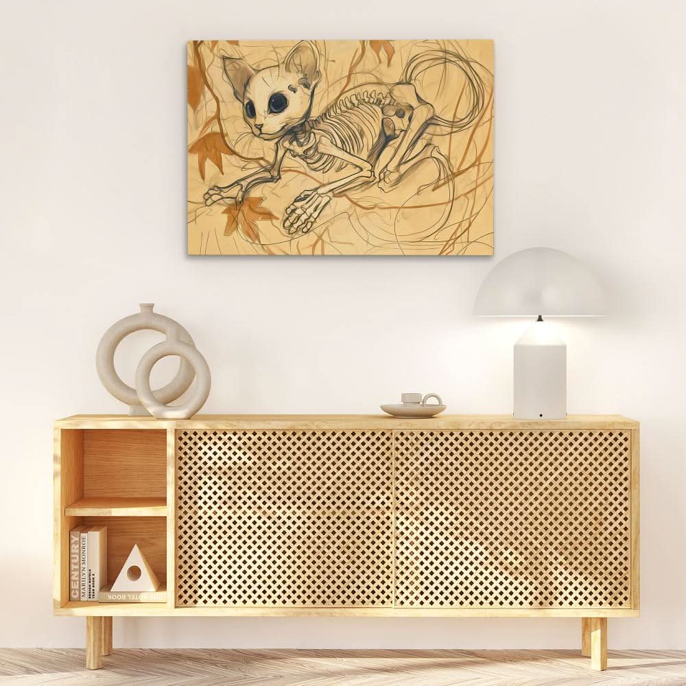 Skeleton Cat - Cat Wall Art in Black Frame