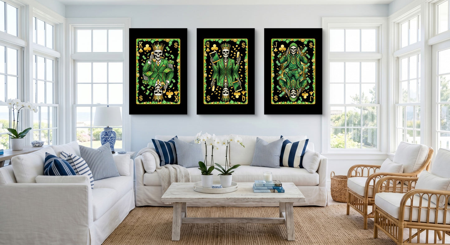 Skeleton Money King Queen Jack - 3 Piece Set gallery-wrap canvas in a room