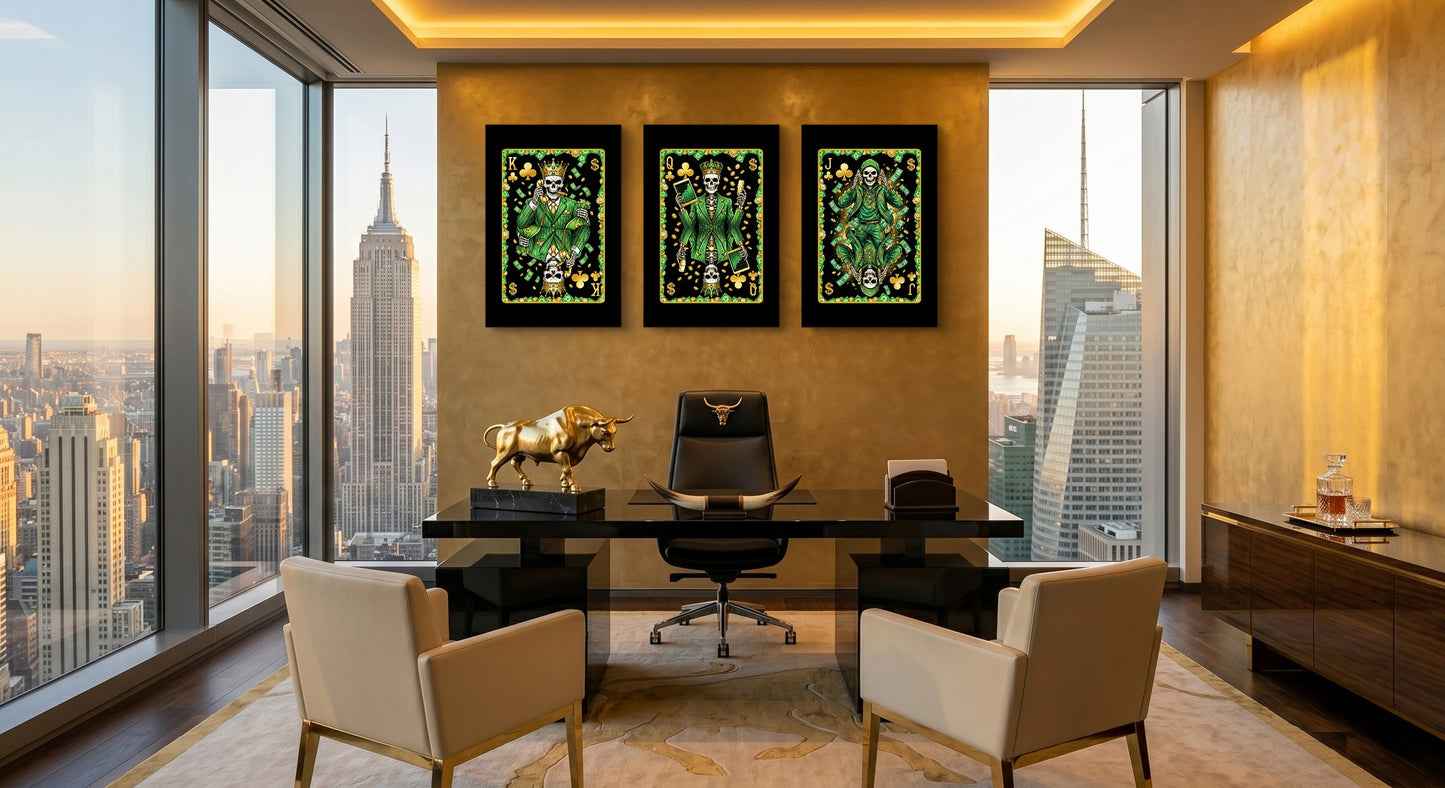 Skeleton Money King Queen Jack - 3 Piece Set gallery-wrap canvas in a room