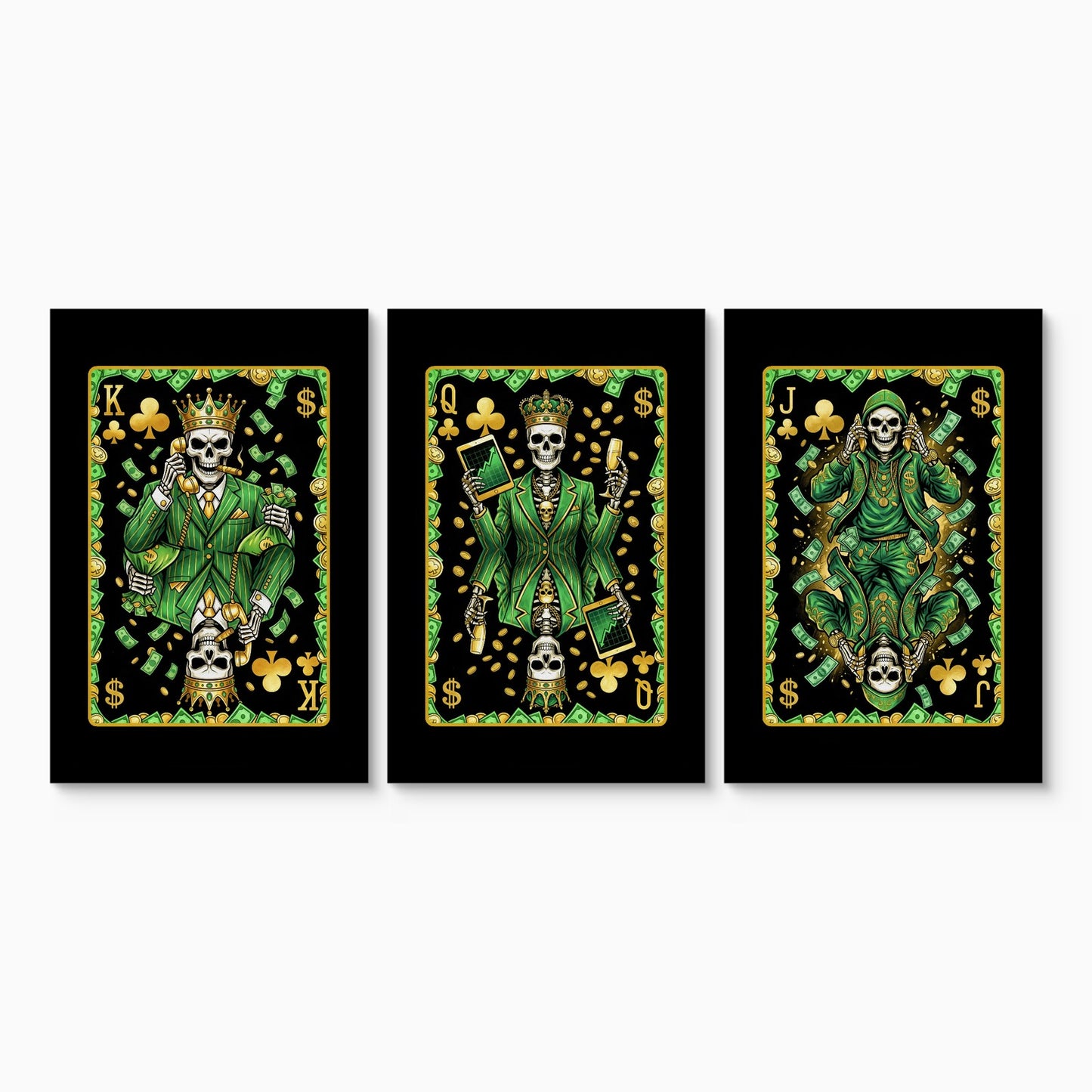 Skeleton Money King Queen Jack - 3 Piece Set canvas set on white