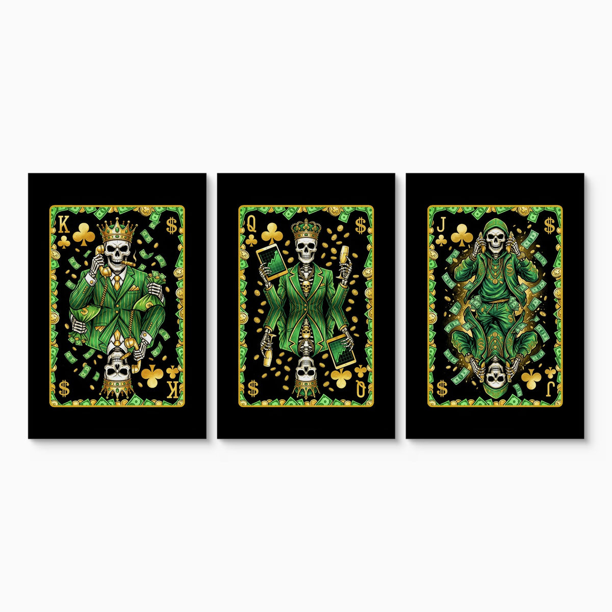 Skeleton Money King Queen Jack - 3 Piece Set canvas set on white