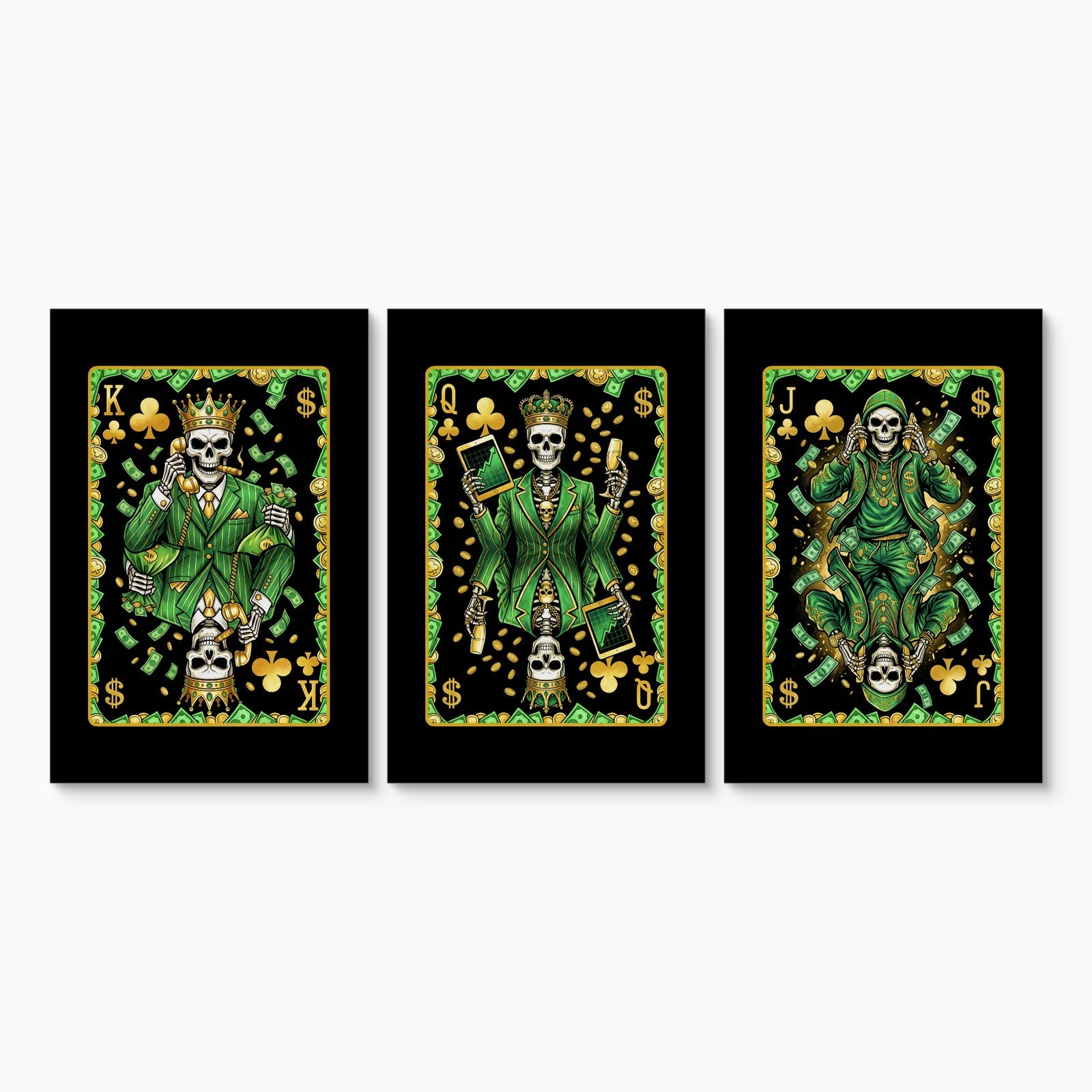 Skeleton Money King Queen Jack - 3 Piece Set canvas set on white