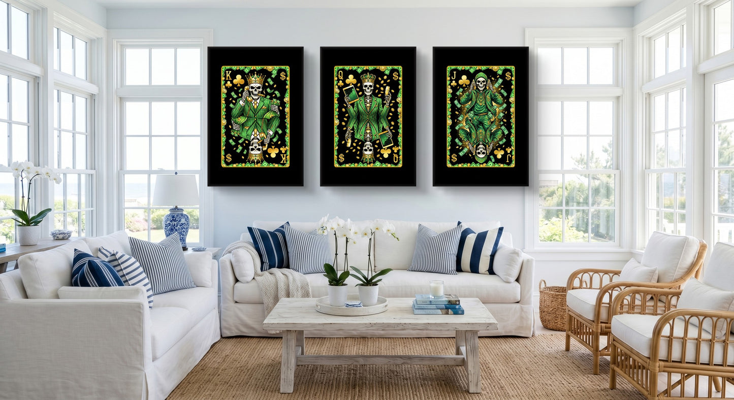 Skeleton Money King Queen Jack - 3 Piece Set black-framed canvas in a room