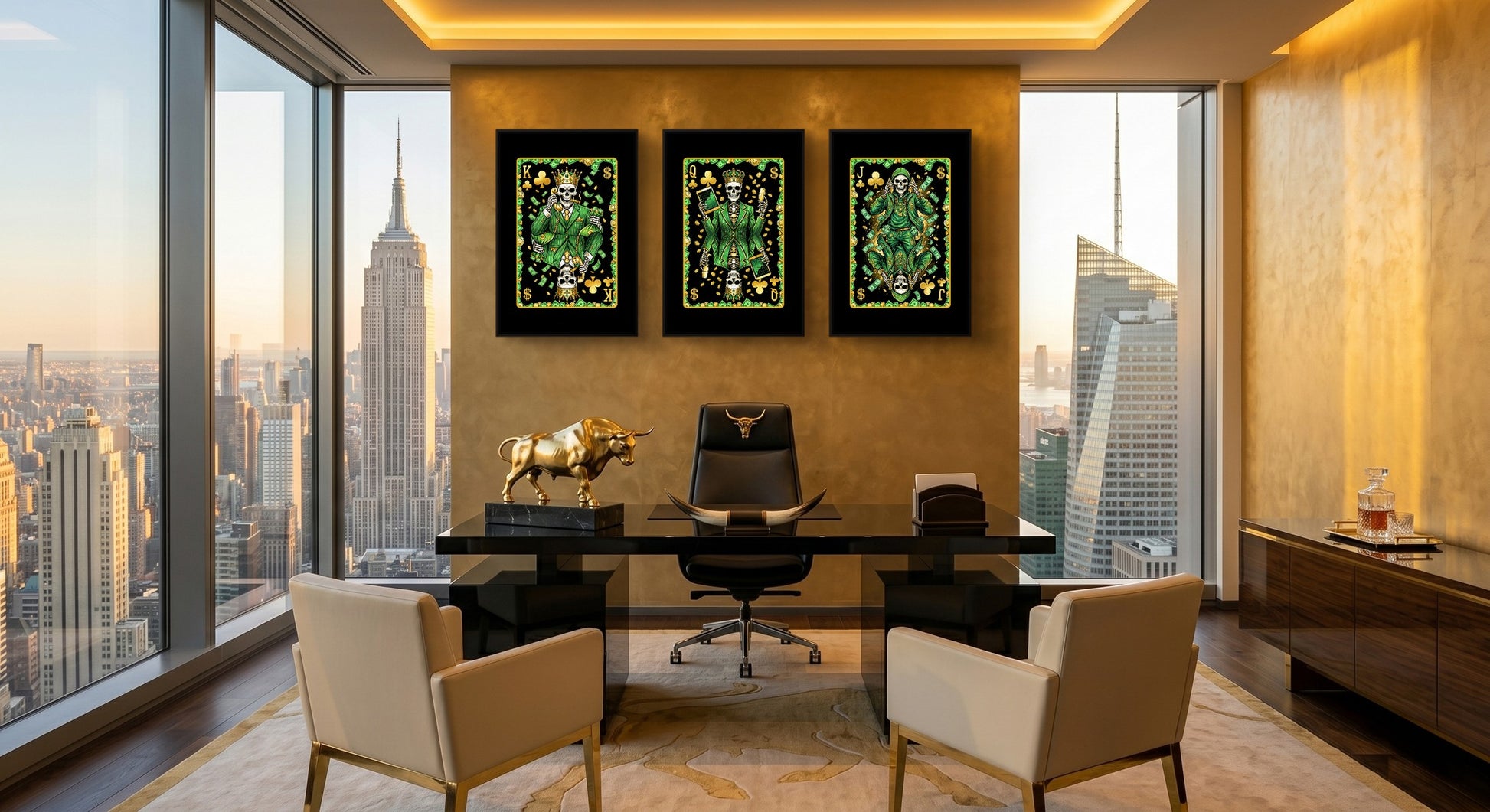 Skeleton Money King Queen Jack - 3 Piece Set black-framed canvas in a room