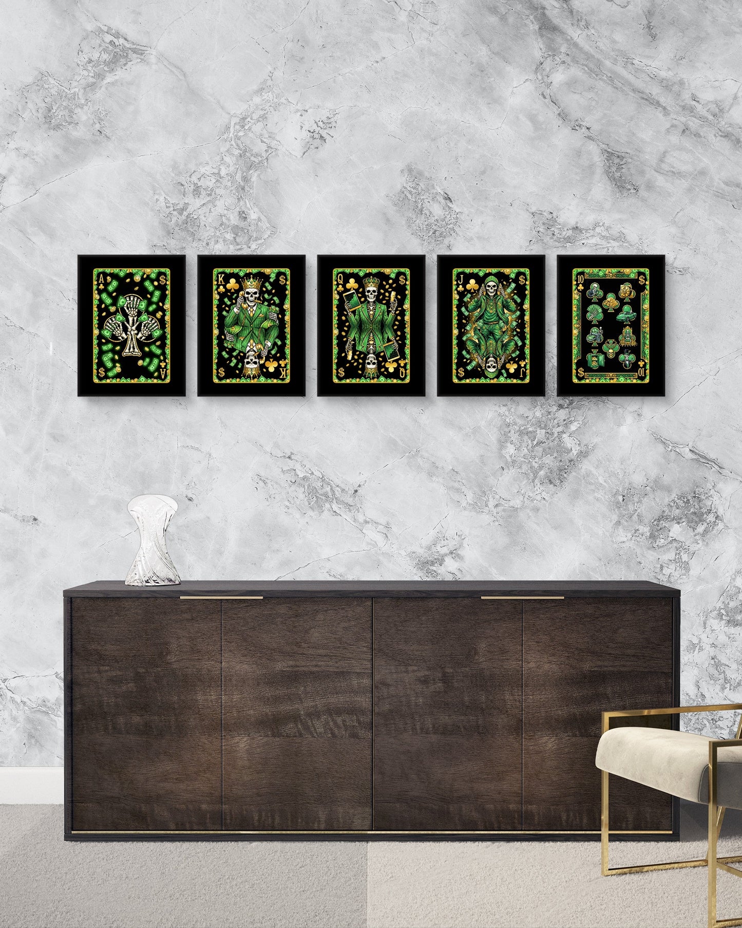 Skeleton Money Poker Canvas Set - Clubs Flush all five framed in a row on a marble wall