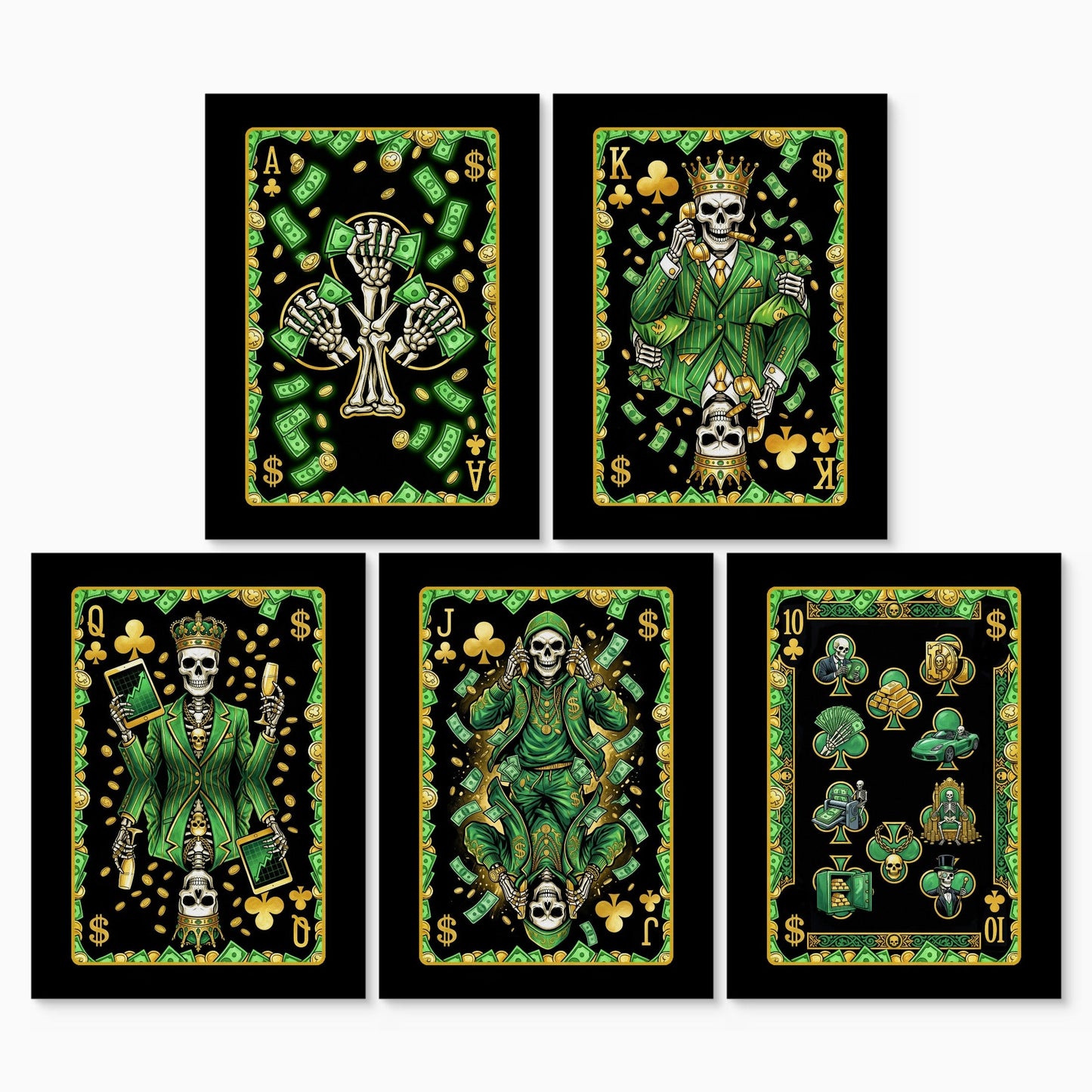 Skeleton Money Poker Canvas Set - Clubs Flush canvas print set, 2 over 3, no frame