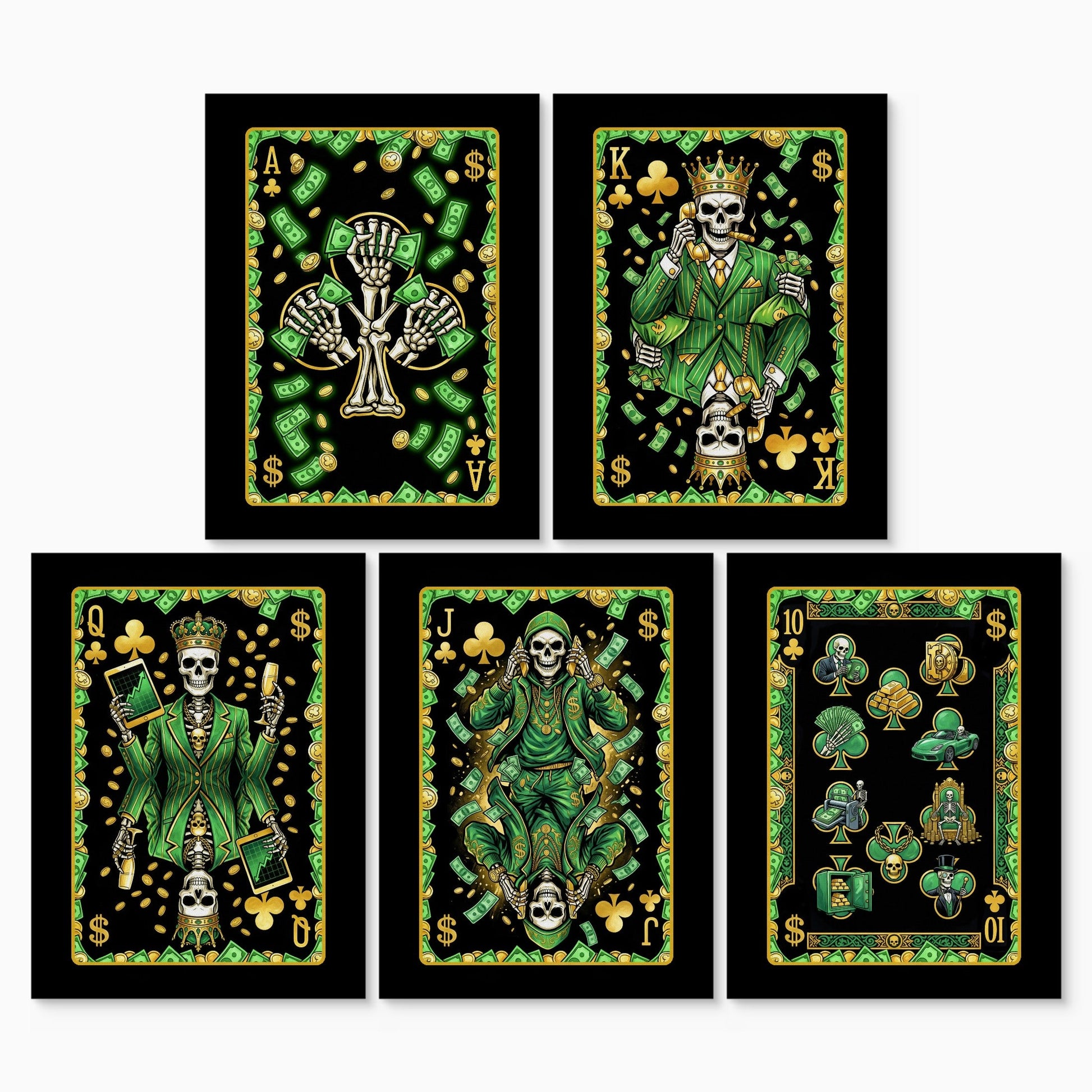 Skeleton Money Poker Canvas Set - Clubs Flush canvas print set, 2 over 3, no frame