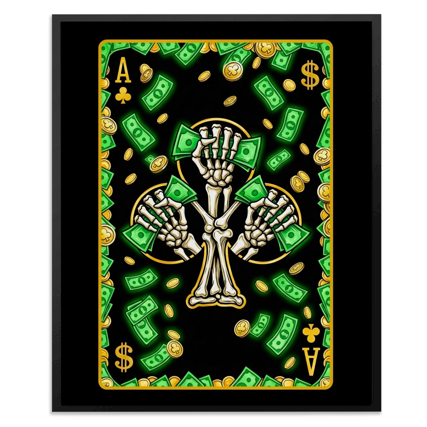 Skeleton Money Poker Canvas Set - Clubs Flush Ace card