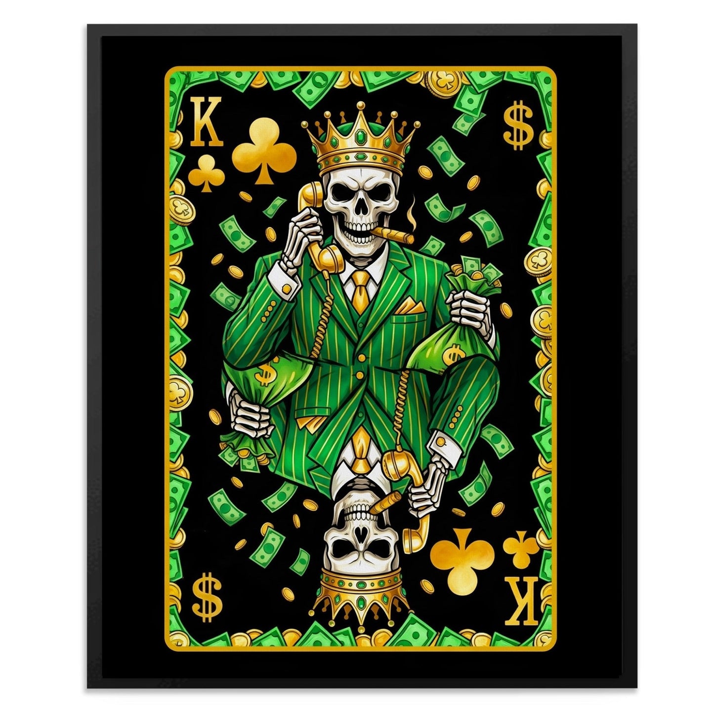 Skeleton Money Poker Canvas Set - Clubs Flush King card