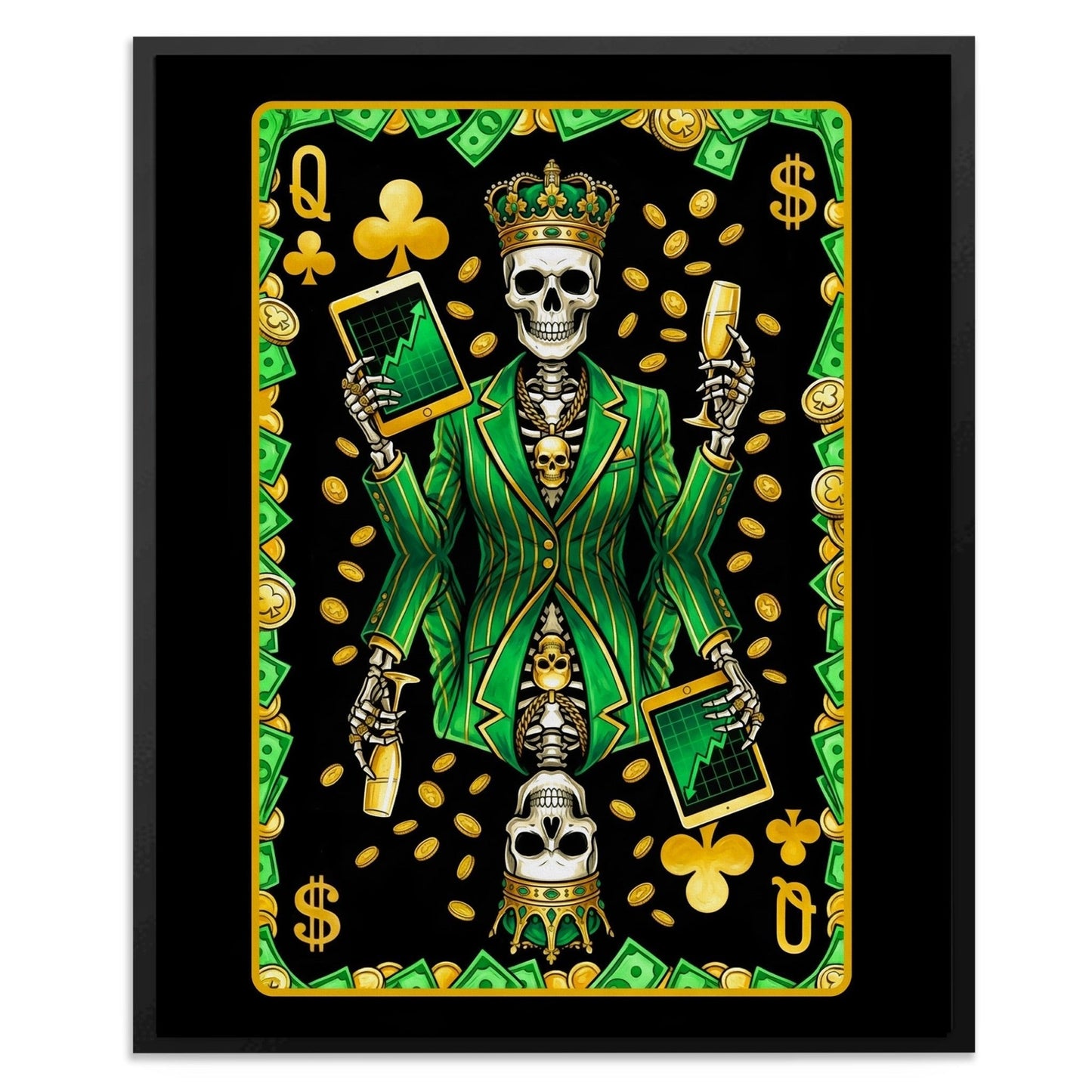 Skeleton Money Poker Canvas Set - Clubs Flush Queen card