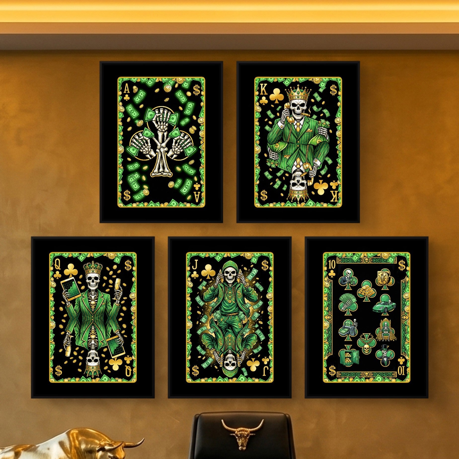 Skeleton Money Poker Canvas Set - Clubs Flush framed set in a gold office