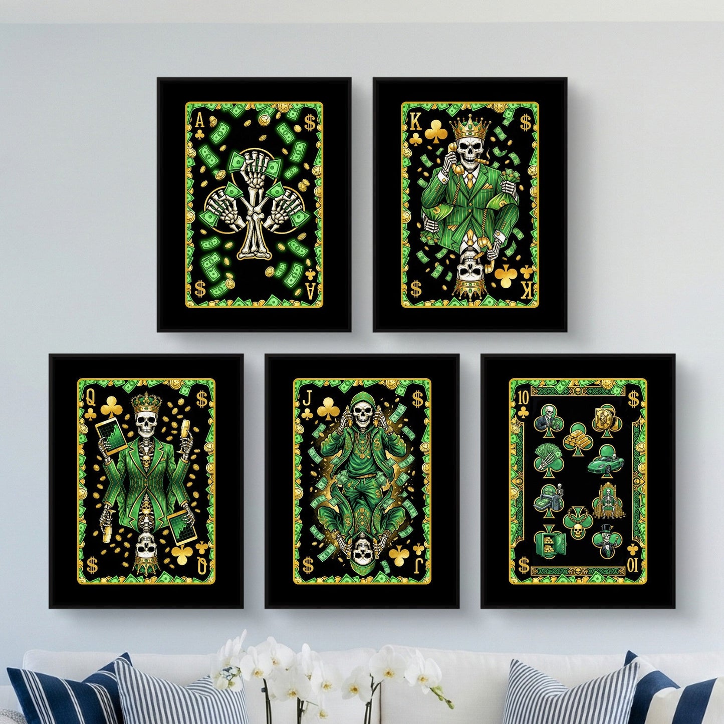 Skeleton Money Poker Canvas Set - Clubs Flush framed set in a bright living room