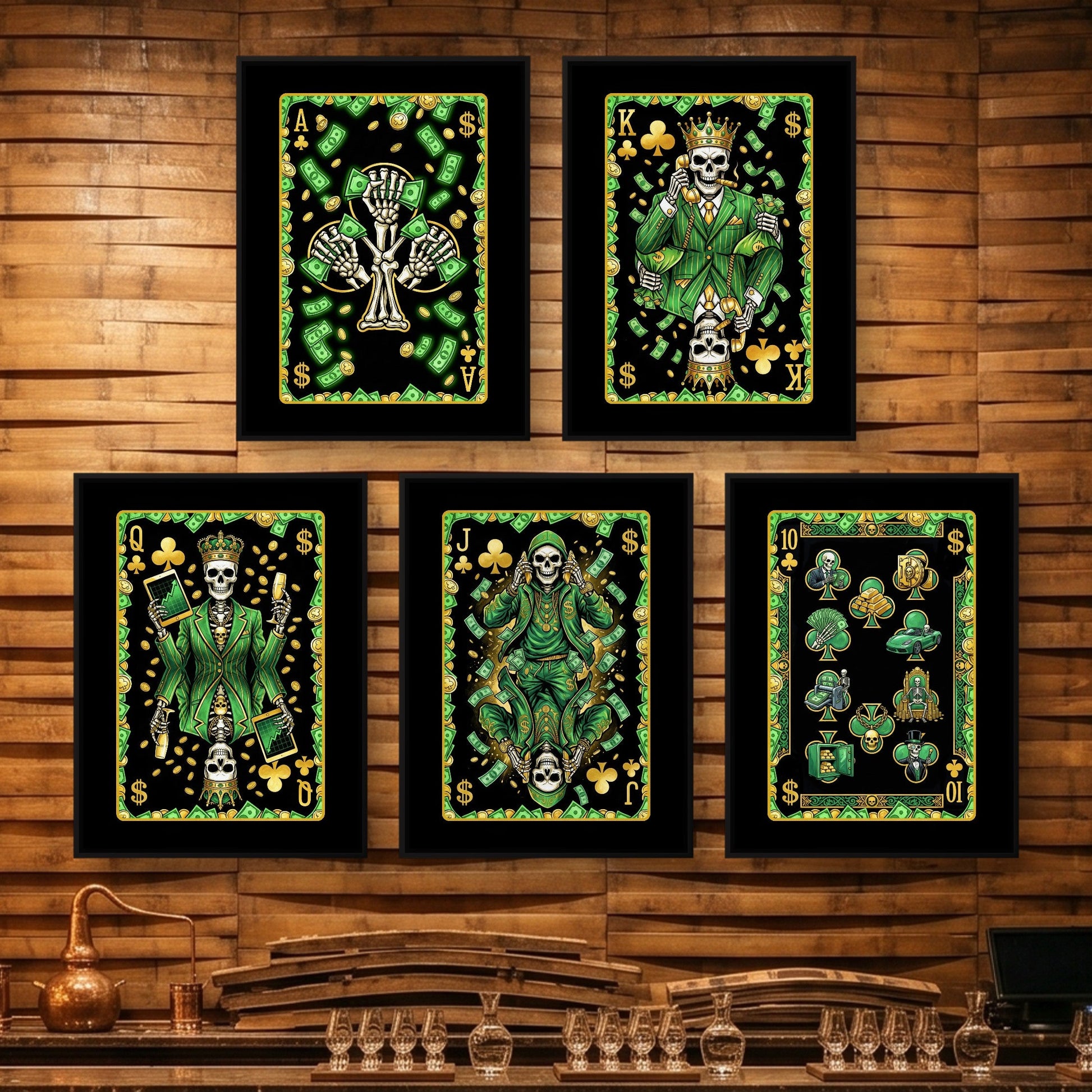 Skeleton Money Poker Canvas Set - Clubs Flush framed set on a wooden bar wall
