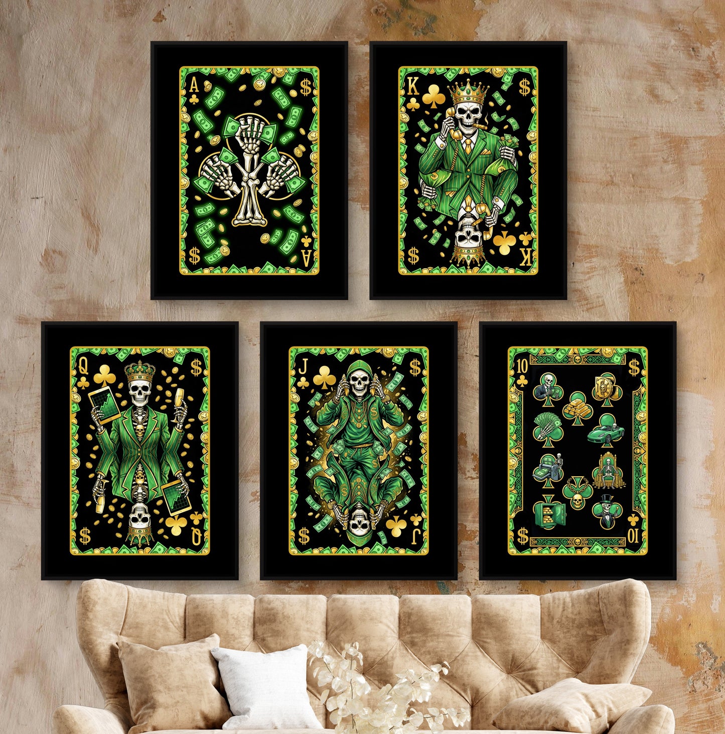 Skeleton Money Poker Canvas Set - Clubs Flush framed set on a warm clay lounge wall