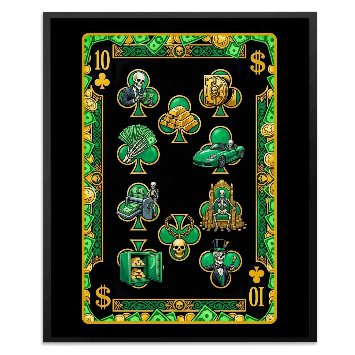 Skeleton Money Poker Canvas Set - Clubs Flush Ten card