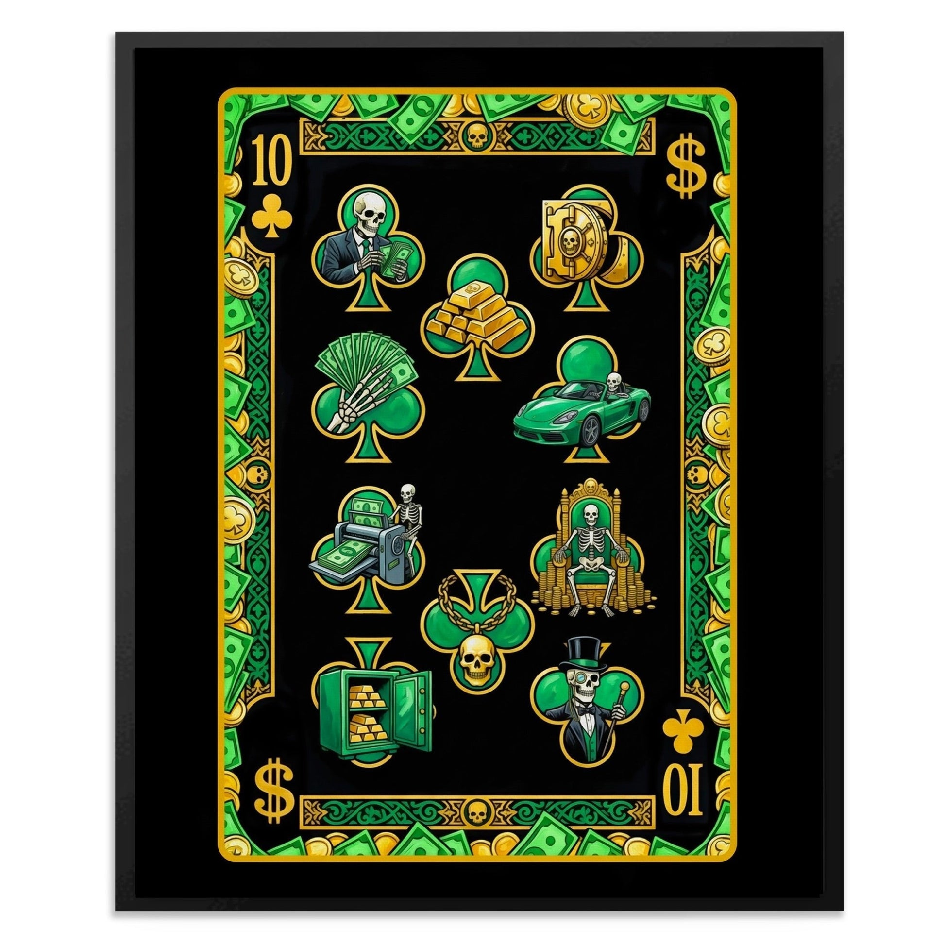 Skeleton Money Poker Canvas Set - Clubs Flush Ten card