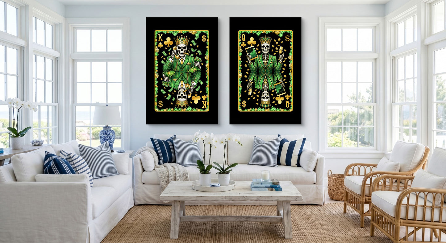 Skull Money King & Queen Canvas Set - Clubs gallery-wrap canvas in a room
