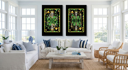 Skull Money King & Queen Canvas Set - Clubs gallery-wrap canvas in a room