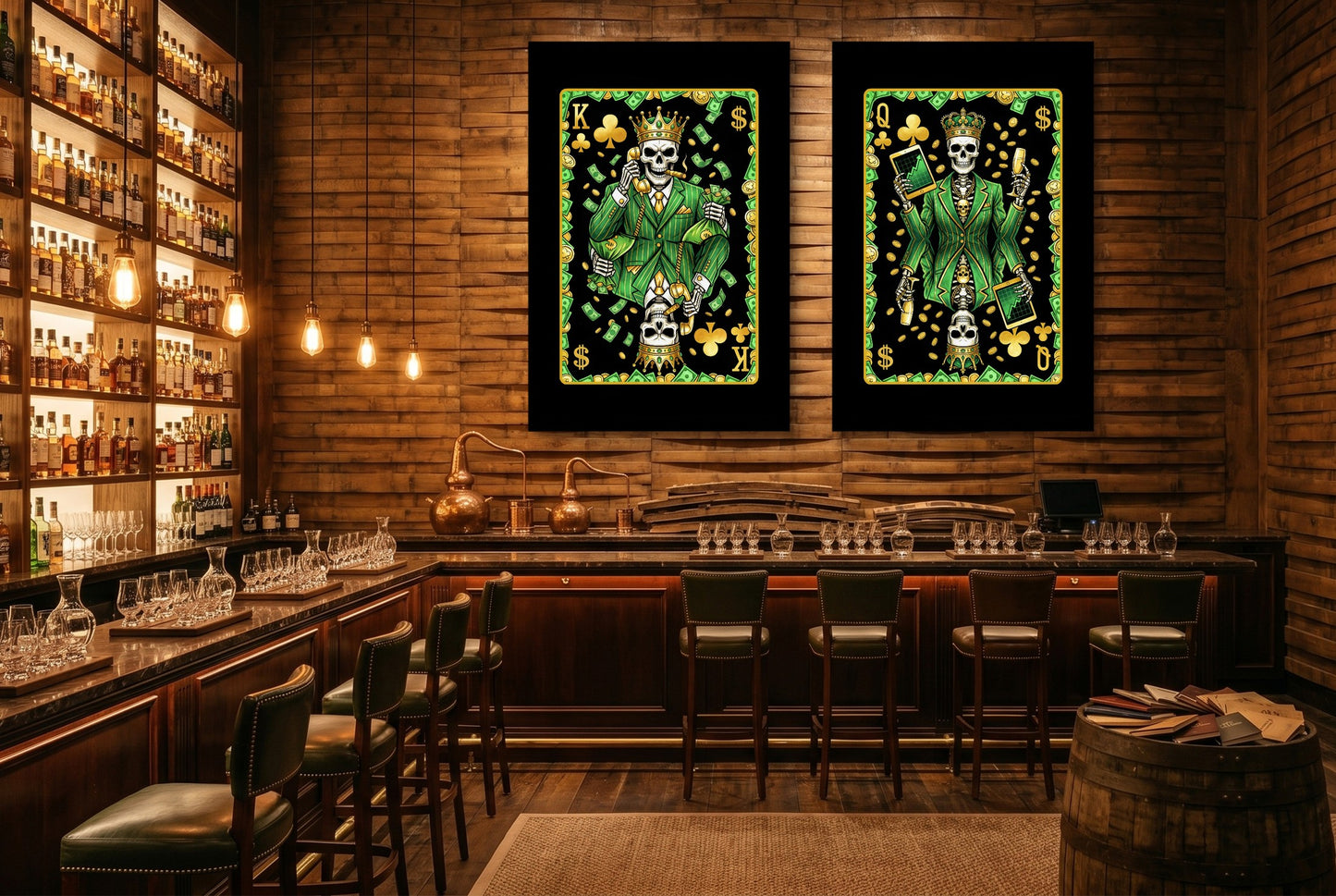Skull Money King & Queen Canvas Set - Clubs gallery-wrap canvas in a room