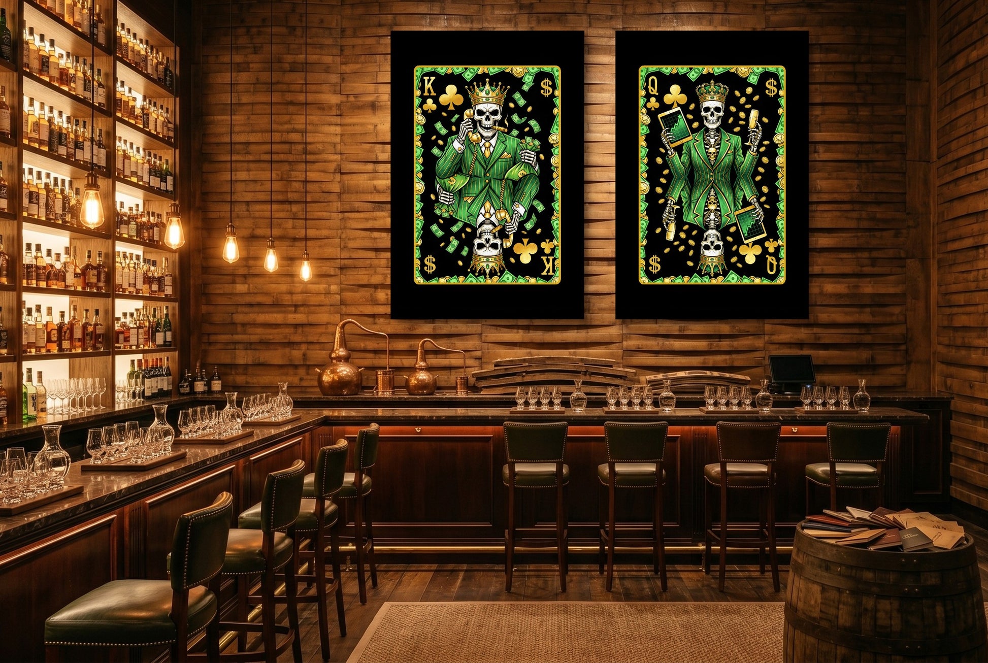 Skull Money King & Queen Canvas Set - Clubs gallery-wrap canvas in a room