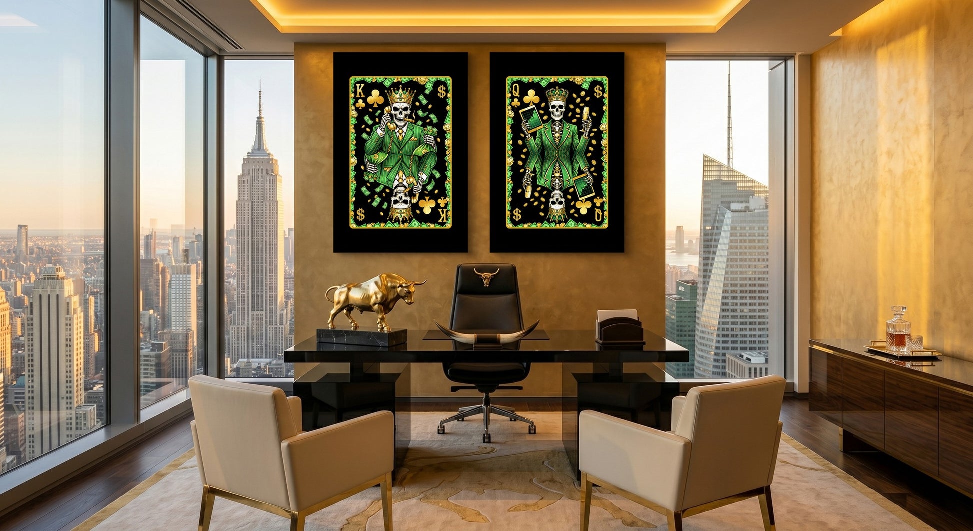 Skull Money King & Queen Canvas Set - Clubs gallery-wrap canvas in a room