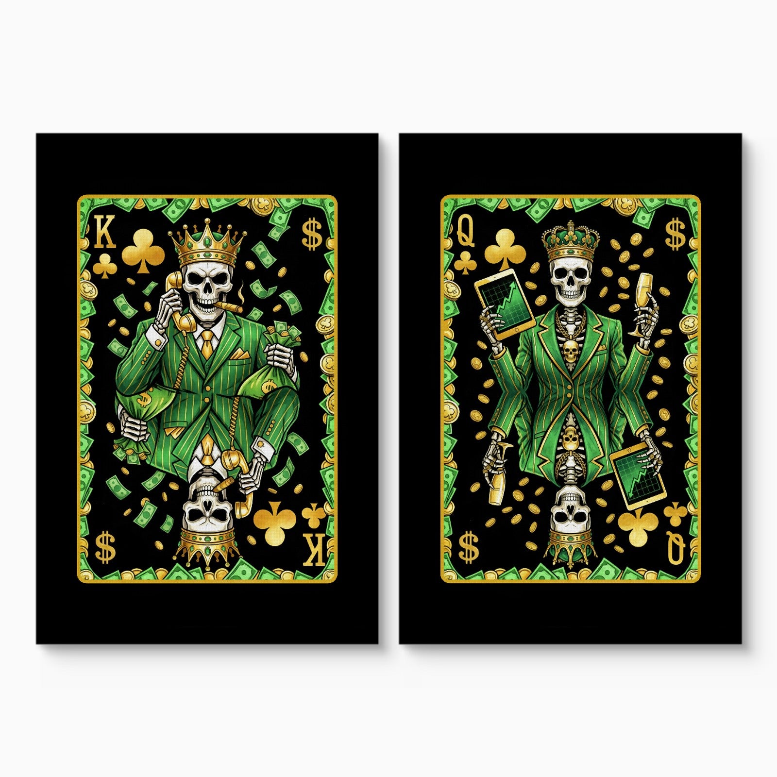 Skull Money King & Queen Canvas Set - Clubs canvas set on white